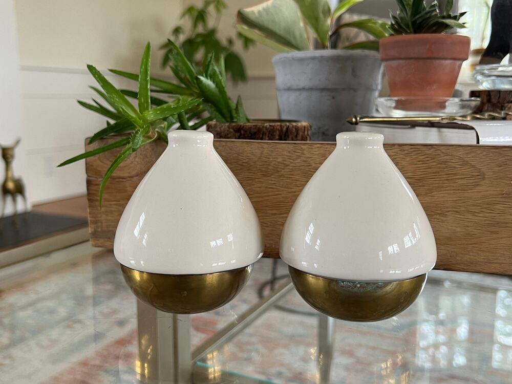 Vintage Ceramic and Brass Salt and Pepper Shakers, Mid-Century Modern Tear Drop